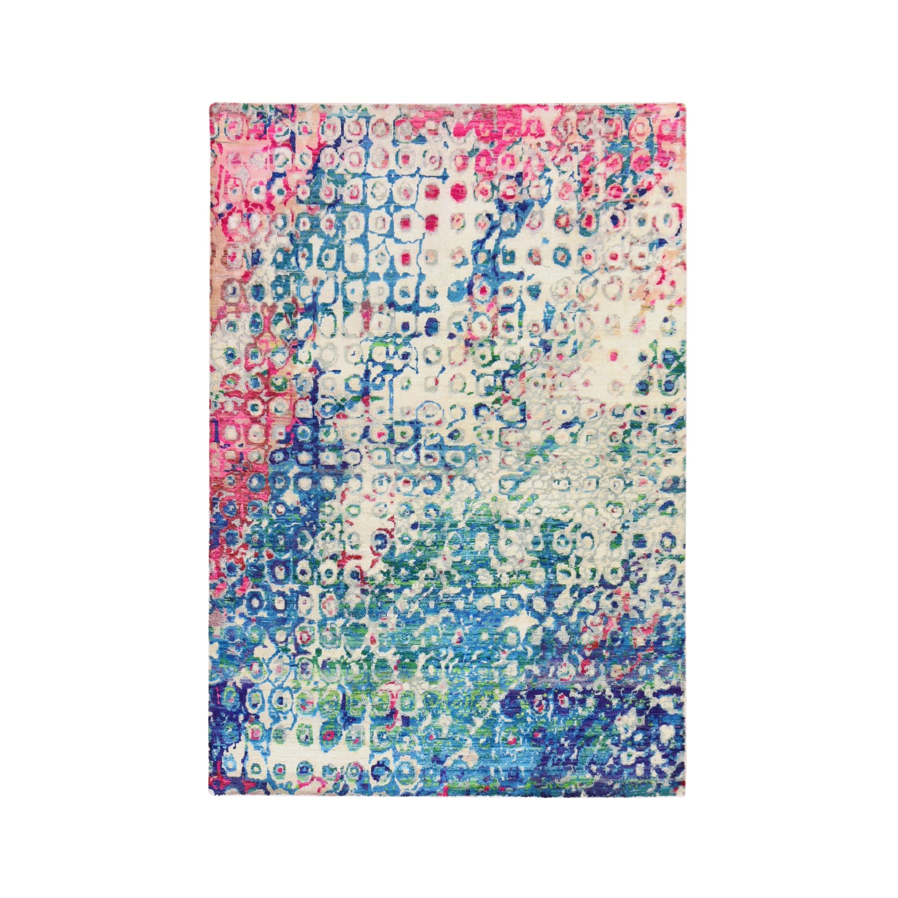 Ivory with Blue, Colorful, THE PEACOCK, Sari Silk, Soft and Shiny, Hand Knotted, Oriental Rug
